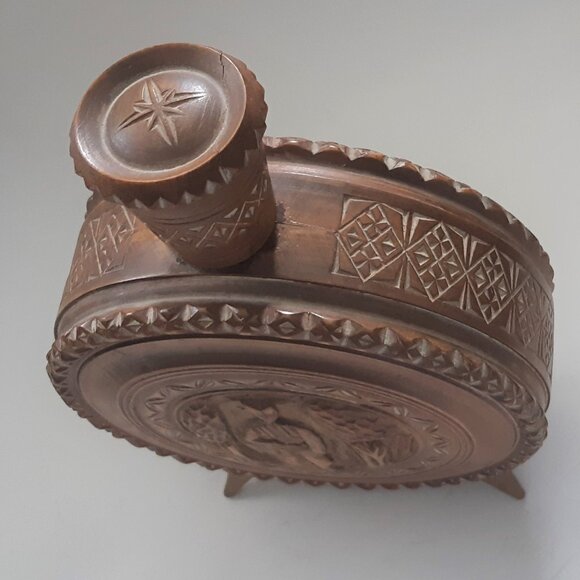 VTG Hand Carved Wooden Flask Canteen Bottle Decanter Rare - Picture 6 of 11